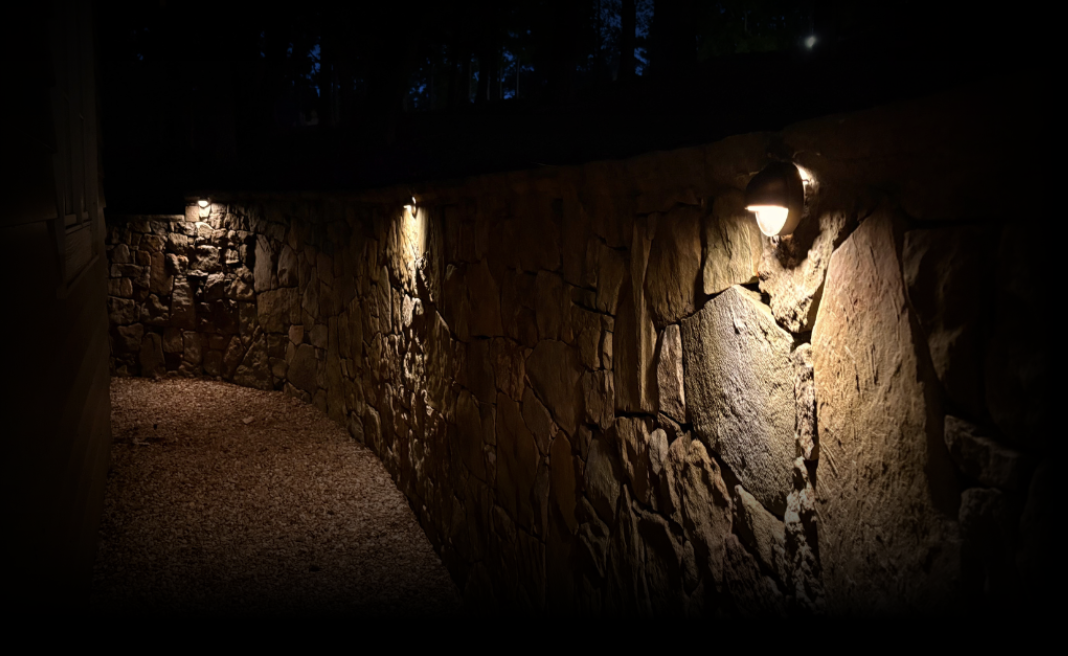 Stone Pathway Wall Lighting Stone pathway with dramatic wall lighting