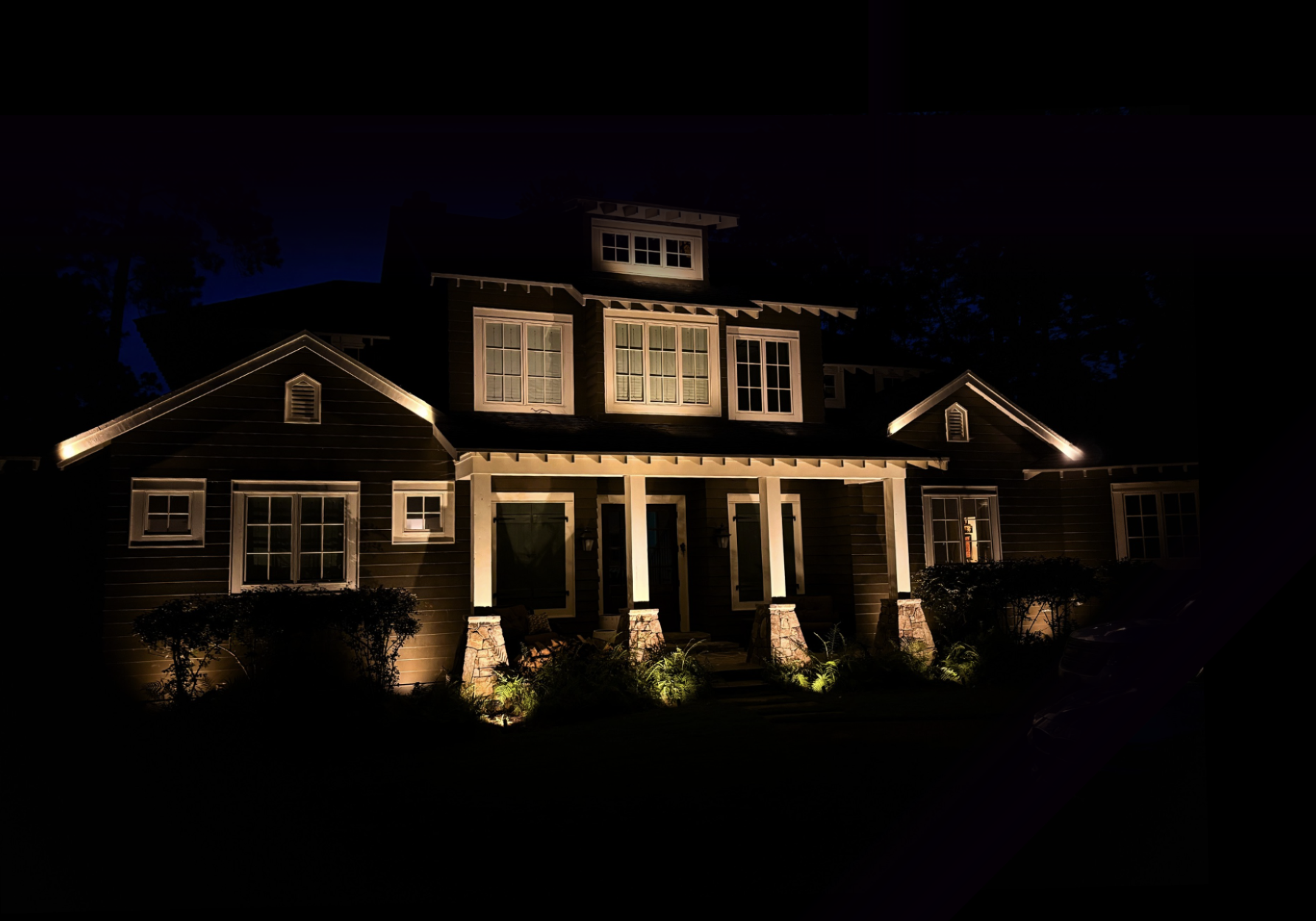 Craftsman Home Porch Lighting Craftsman-style home with warm porch and facade lighting